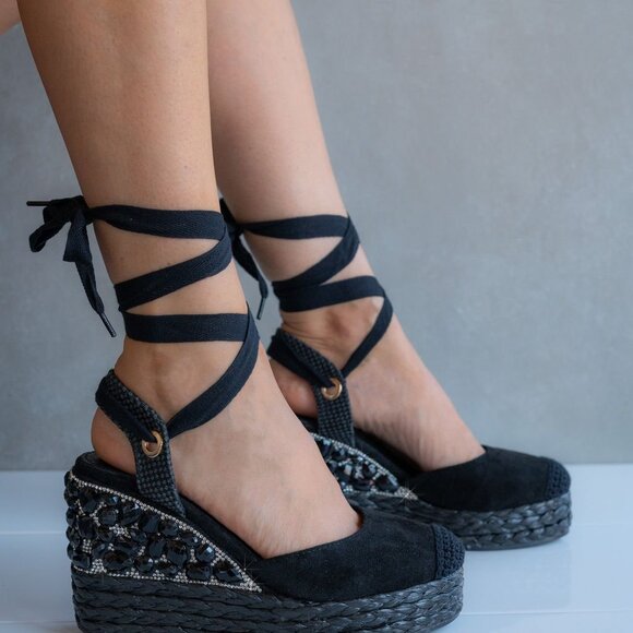 Wholesale Women's Sandals Espadrille Platform Gems Rhinestones Lace Up Sandals - Picture 3 of 3